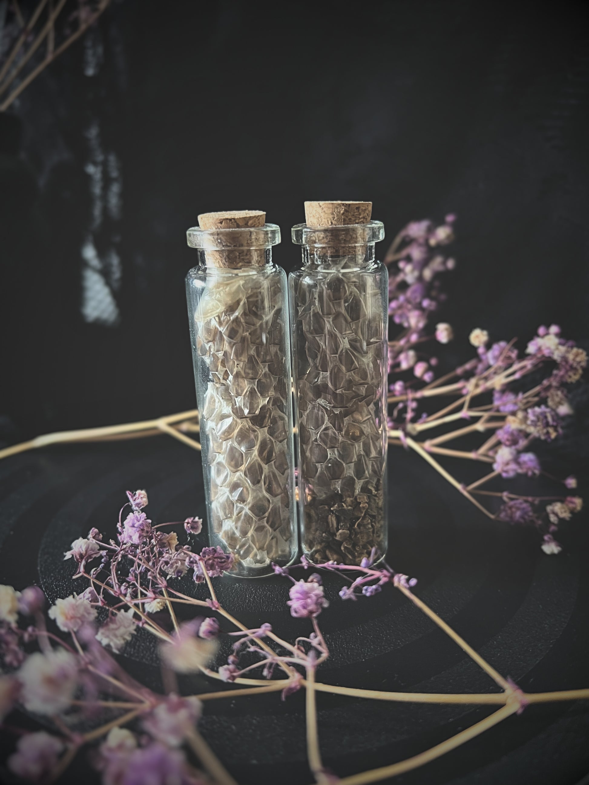 Two glass bottles with cork lids filled with snake skin on a dark background with flowers.
